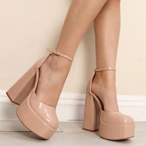 New Nude Mary Jane Platform Chunky Heel Pumps